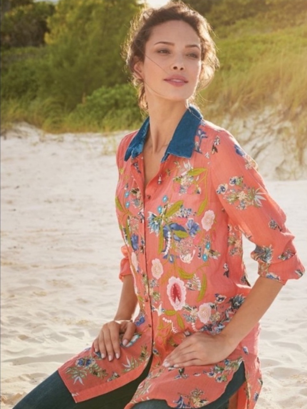 Soft Surroundings Malorie Orange Floral Embroidery Shirt Small